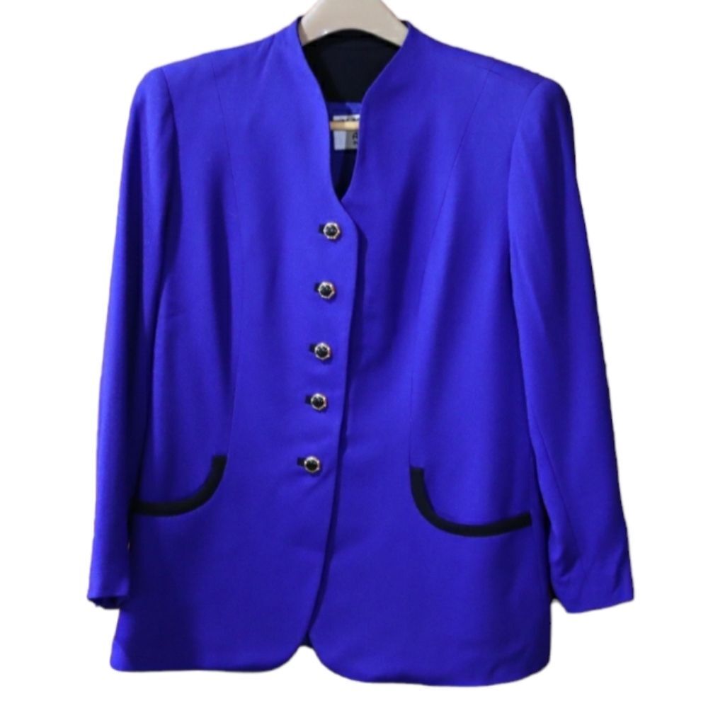 Kasper ASL Royal Blue 5 Button Collarless Blazer Jacket 80s 12 Petite